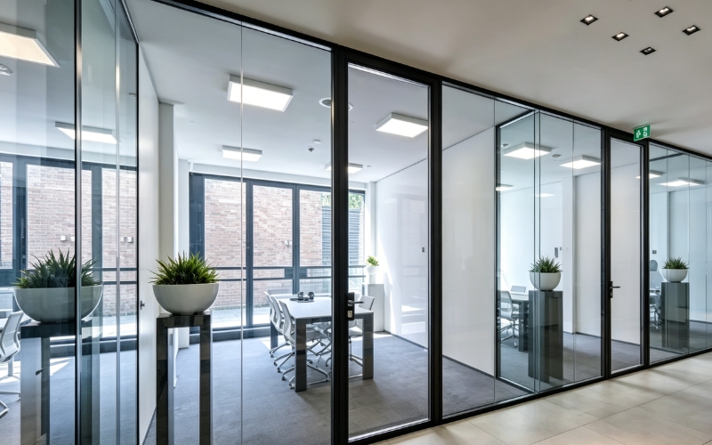 Modern glass partition walls made of aluminum or steel frames