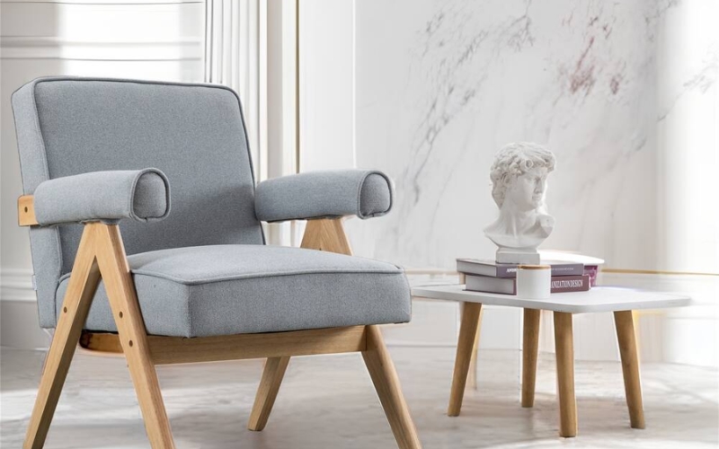 Blue fabric wood lounge chair